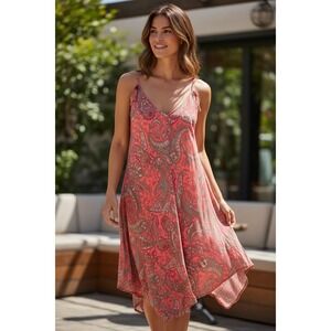 Women's Coral Paisley Print Spaghetti Strap Midi Dress Tie Shoulder Size Large